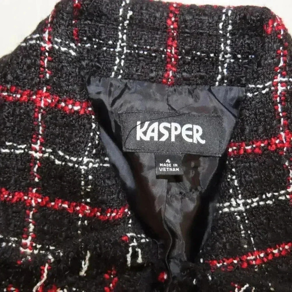 Kasper Tweed Tartan Plaid Blazer Black Red Size 4 Fringe Hem Open Front - Picture 2 of 7